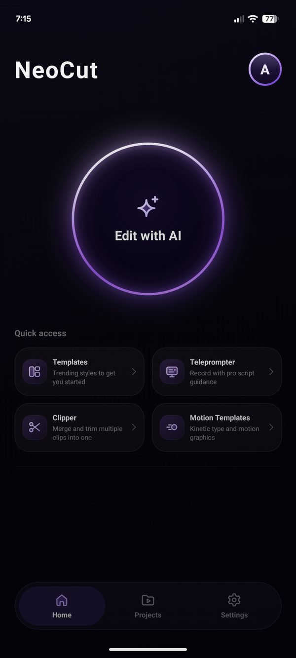 The NeoCut app's home screen with the Edit with AI button