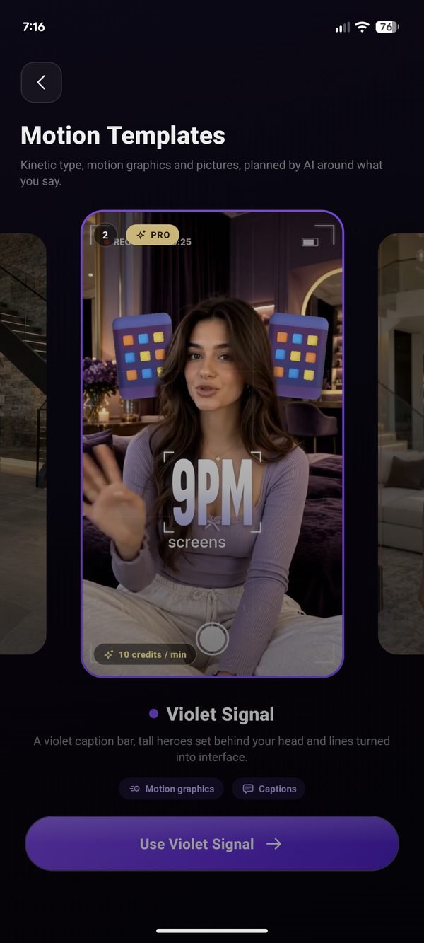 Choosing the Violet Signal Motion Template in the NeoCut app
