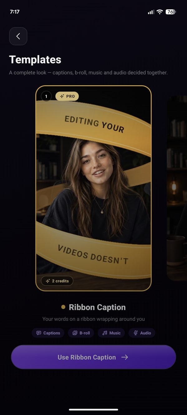 Choosing the Ribbon Caption template in the NeoCut app