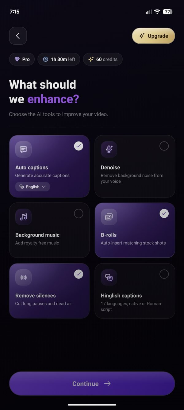 Choosing captions, B-roll, music and silence removal in the NeoCut app